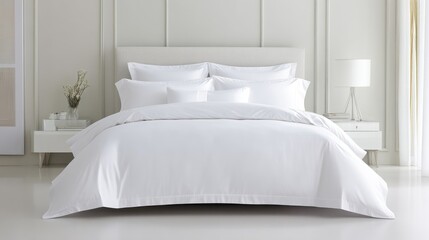 Pristine white bedding set in modern bedroom