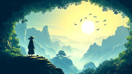 Fototapeta premium Silhouetted figure gazes at a sunrise over a mountainous landscape.