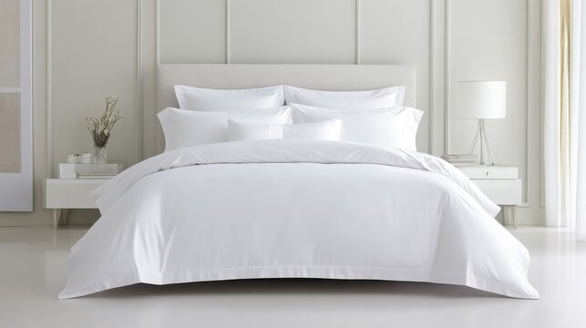 Pristine white bedding set in modern bedroom