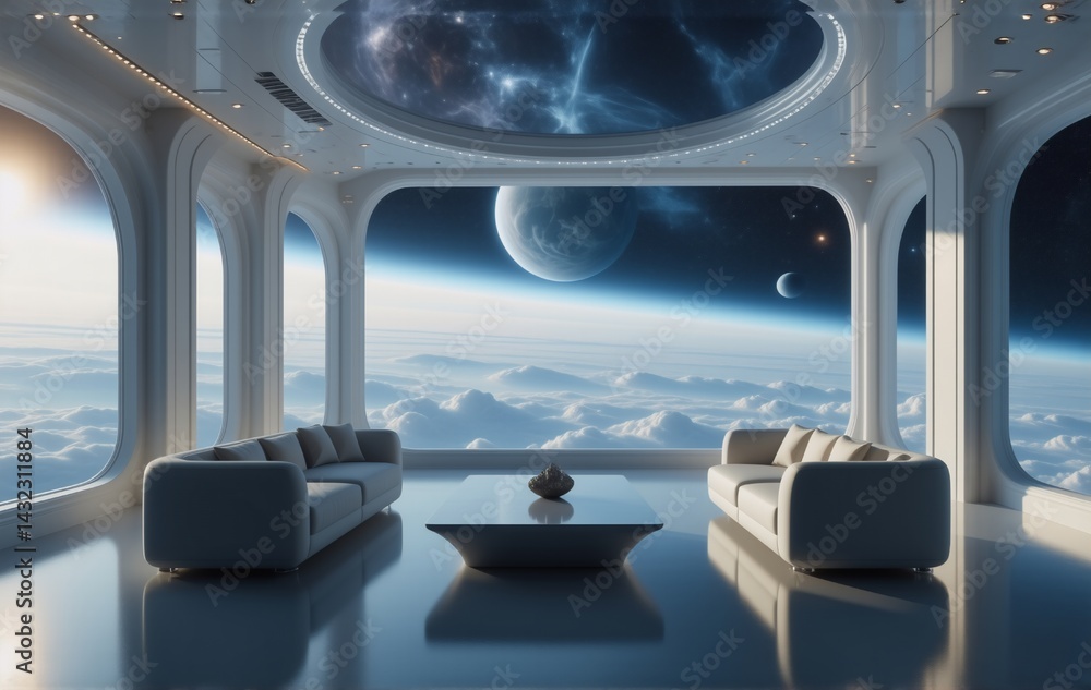 Poster futuristic spaceship lounge with panoramic windows showcasing a breathtaking view of planets and clo