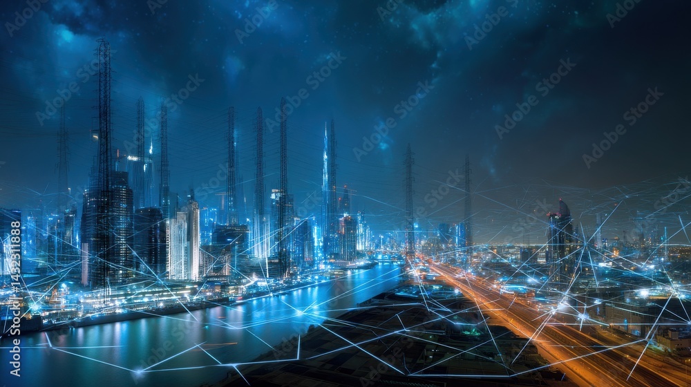 Poster a futuristic technologically advanced city skyline with towering skyscrapers and a dynamic network o