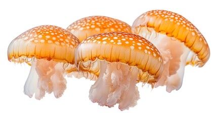 Four orange and white spotted jellyfish float gracefully against a pure white background in a studio shot.