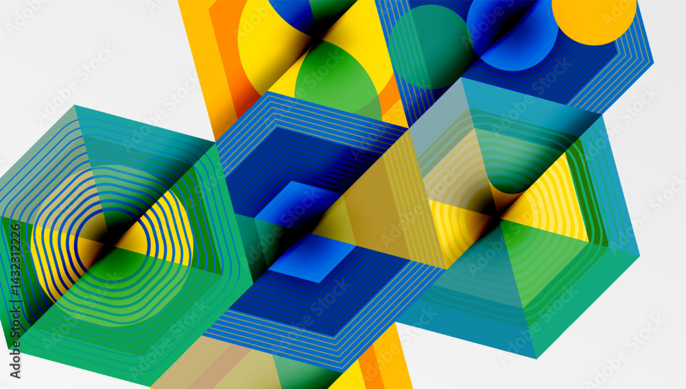 Poster Abstract geometric composition. Vivid colors, layered shapes create dynamic visual effect. Lines suggest depth, movement.