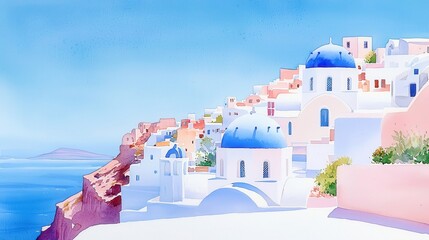 Whimsical watercolor depiction of Santorini, charming white structures with cobalt domes, nestled on cliffs, serene sea breeze, minimalist and open atmosphere