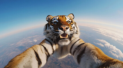 Tiger skydiving selfie surreal animal humor concept flying above clouds wildlife parody photography epic feline adventure extreme sport funny animal expression dynamic perspective blue sky art