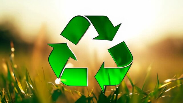 Recycle arrows symbol on green grass background, sustainable practices like recycling and environmental conservation.