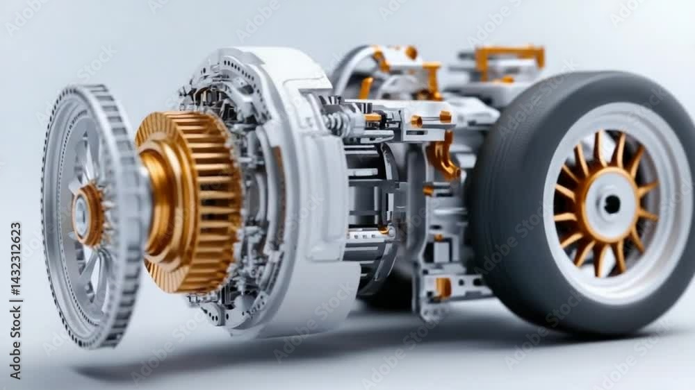 Poster detailed 3d rendering of a complex automotive component with inner workings and mechanical parts