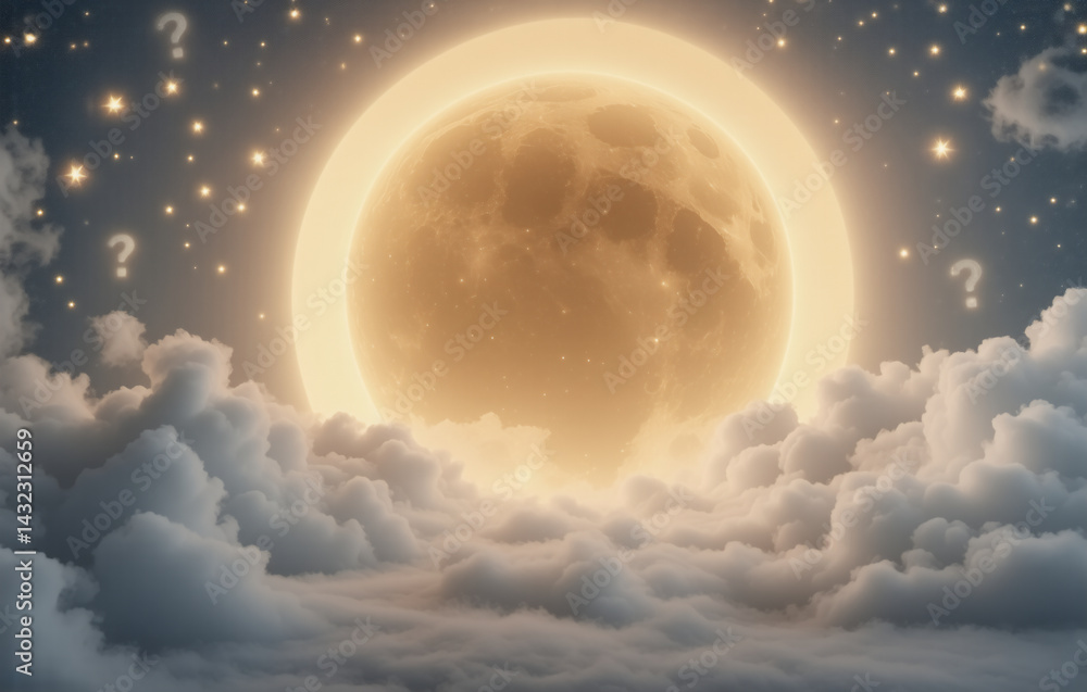 Poster a luminous moon dominates a night sky filled with soft clouds and twinkling stars. question marks fl