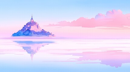 Watercolor depiction of Mont Saint-Michel, serene island abbey at low tide, under a cloudy sky blending into the horizon, minimalist and inviting ambiance, spacious composition