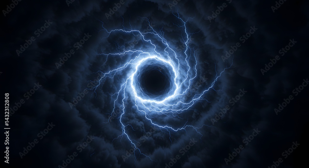 Poster a swirling vortex of lightning and dark clouds creating a tunnel like effect in the night sky
