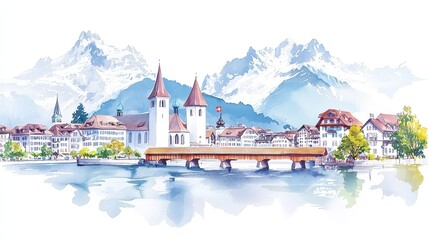 Wholesome watercolor depiction of Lucerne, Switzerland, featuring a tranquil lakeside town, majestic snow-capped Alps, iconic Chapel Bridge, minimalist aesthetic, serene atmosphere
