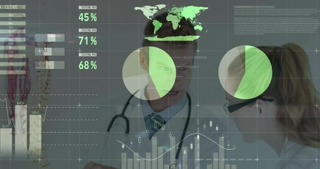 Two doctors reviewing medical data in exam room, overlaying pie charts, bar graphs, spine model - Powered by Adobe