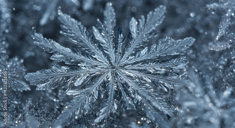 Poster a close up view of a delicate snowflake with intricate patterns and crystalline structures visible c