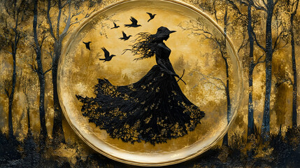 A gold-framed silhouette of a woman in a long gown, amidst a forest scene.