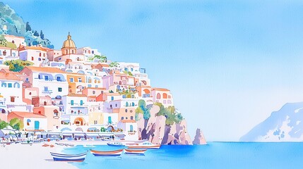 Fototapeta premium Wholesome watercolor illustration of Positano, Italy, vibrant coastal town cascading down cliffs, boats in the bay, minimalist background, clean and serene atmosphere