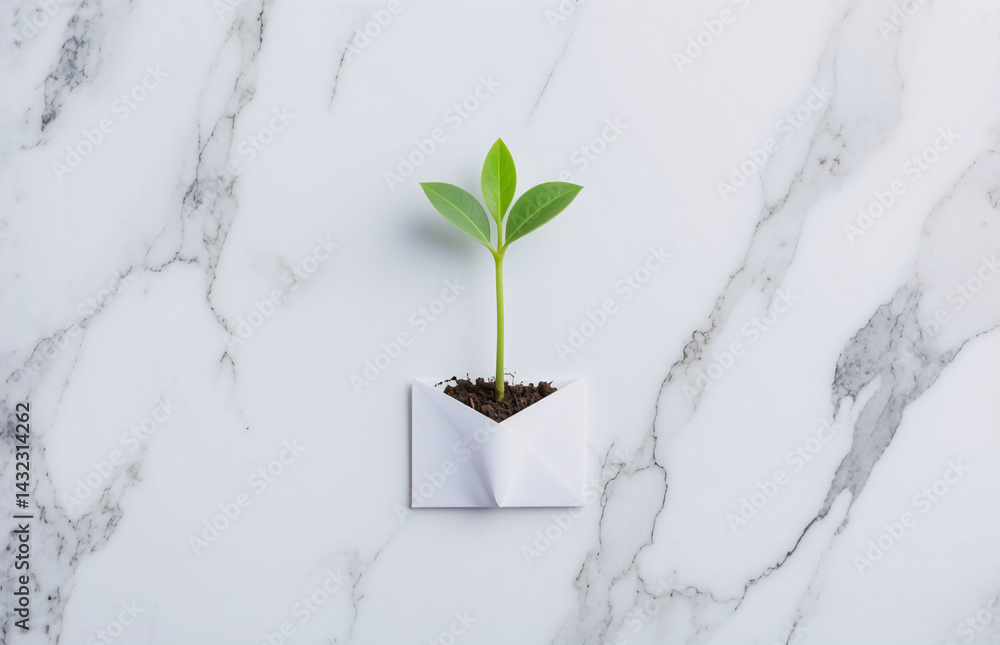 Poster a small sprout emerges from a white envelope resting on a marble surface. a symbol of new beginnings
