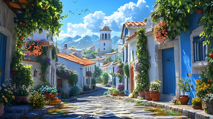 Obraz premium Picturesque, sun-drenched village street, vibrant with flowers and color.