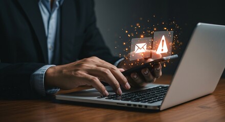 Businessman interacts with laptop as alerts for junk mail, scam viruses, and malware threats appear on smartphone, signaling cybersecurity dangers