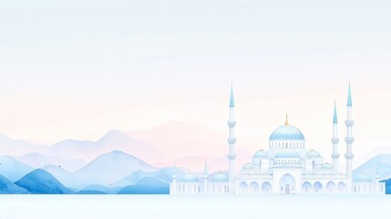 Fototapeta premium Serene Watercolor Illustration of the Blue Mosque in Istanbul, elegant domes and minarets, cool blues and greys, minimalist background, tranquil atmosphere
