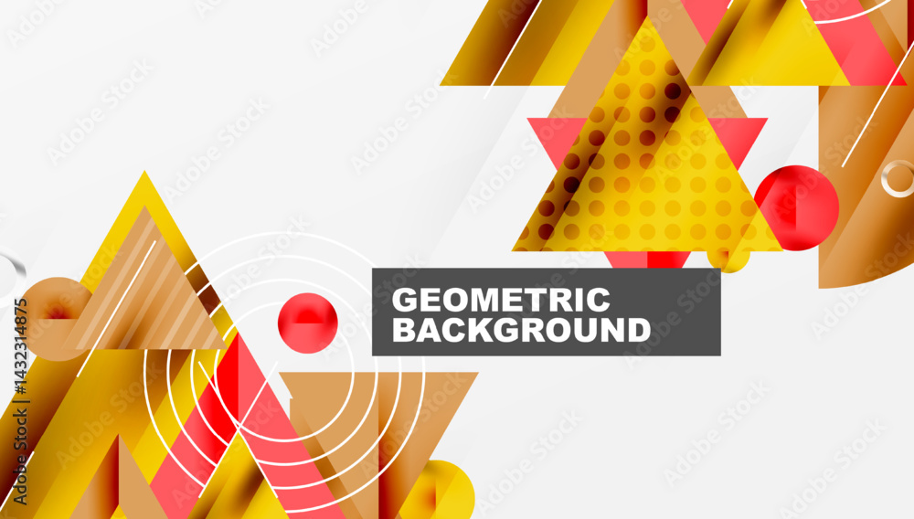 Poster abstract geometric shapes overlap, creating dynamic composition. yellows, oranges, reds dominate des