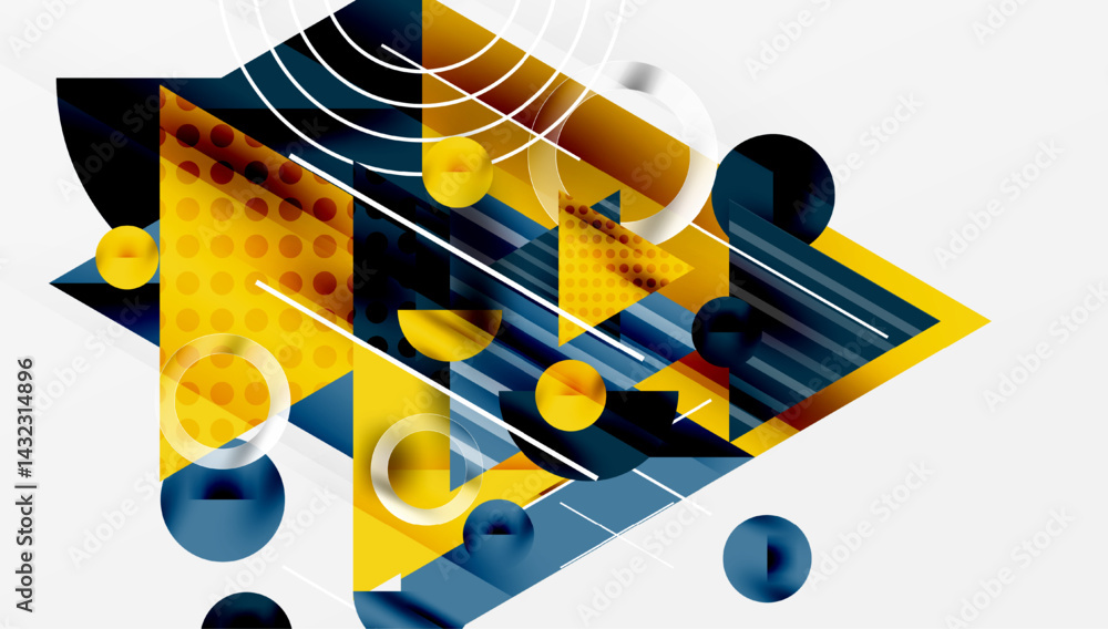 Aufkleber Abstract geometric composition. Overlapping shapes, lines create dynamic visual effect. Yellow, navy dominate palette. Modern design.