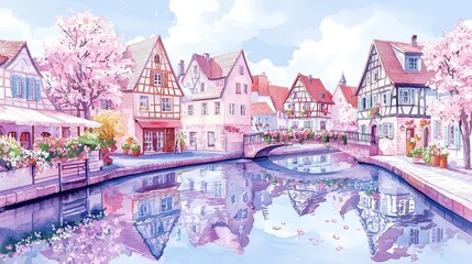 Obraz premium Charming Watercolor Scene of Colmar, France, featuring flower-lined canals, half-timbered houses, inviting fairytale ambiance, minimalist background, serene and uncluttered setting