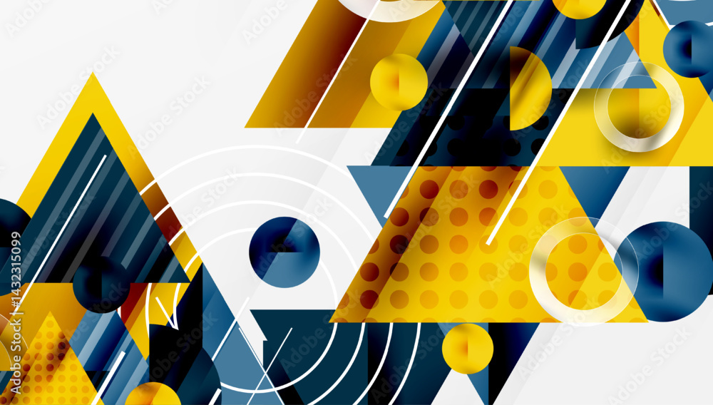 Poster Abstract geometric shapes, vibrant colors, modern design. Overlapping triangles, circles create dynamic composition.