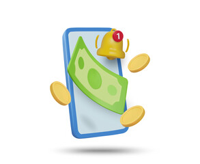 3D illustration vector render of mobile phone icon, banknote, coin, notification bell, incoming message isolated on white. Concept of banking, payment, e-wallet, financial app, digital finance alert.