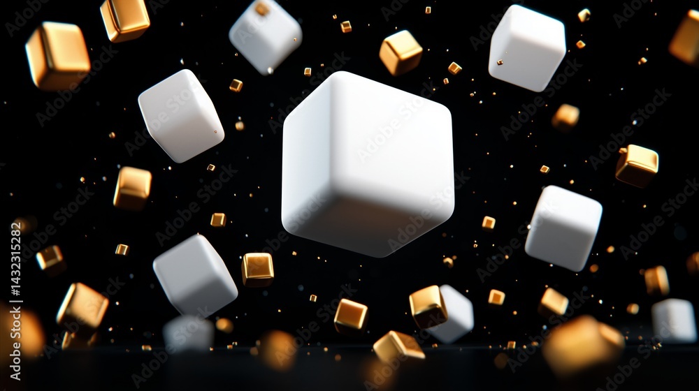 Fototapete white and gold cubes floating in dark space abstract 3d render