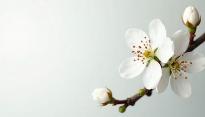 Fototapeta premium Delicate white blossoms on a branch against pure white , background, delicate, elegance