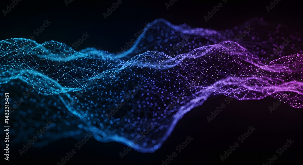 Poster abstract network of connected dots in blue and purple on a dark background with wavy formations