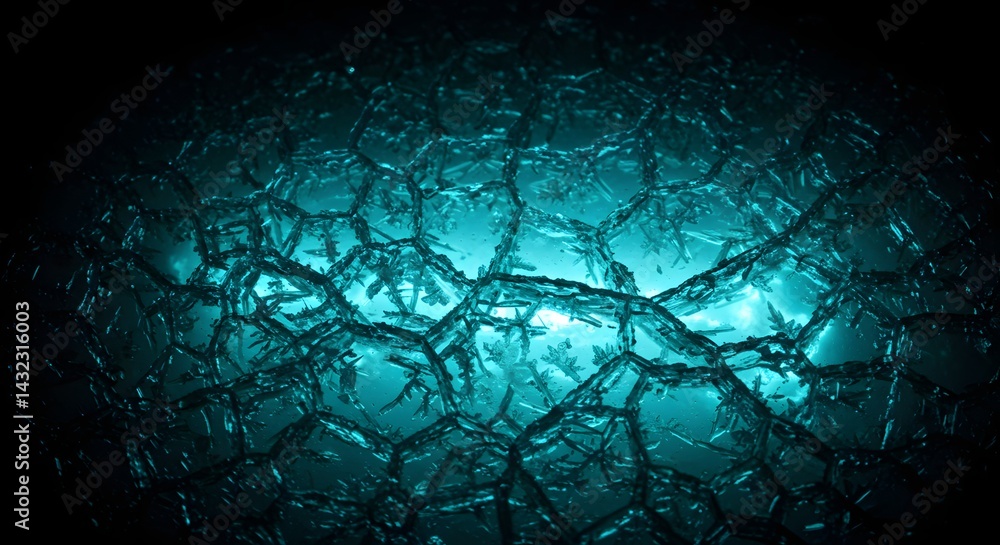 Poster abstract turquoise network with glowing center and dark background creating a futuristic feel