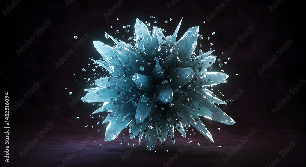 Poster a cluster of blue crystals with sharp edges surrounded by shards on a dark background surface
