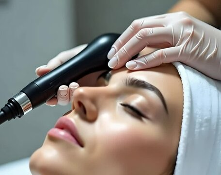 Close-up of a cosmetologist using a dermapen for mesotherapy treatment on a woman's face, promoting skin rejuvenation and beauty care in a spa setting.
