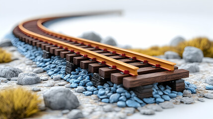 Naklejka premium Curving Railroad Tracks on Rocky Terrain with Blue Pebbles