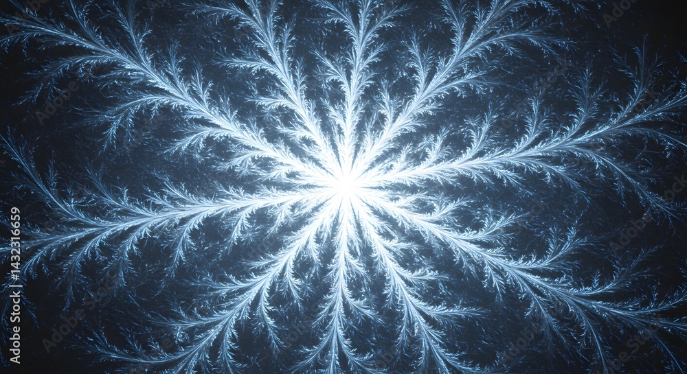 Poster close up of a frost pattern forming a snowflake shape with a bright center on a dark blue background
