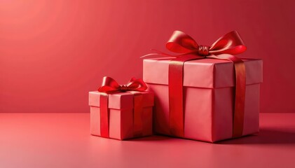 Obraz premium Elegant red ribbon tied gift boxes, gold accents, wrapping, wallpaper