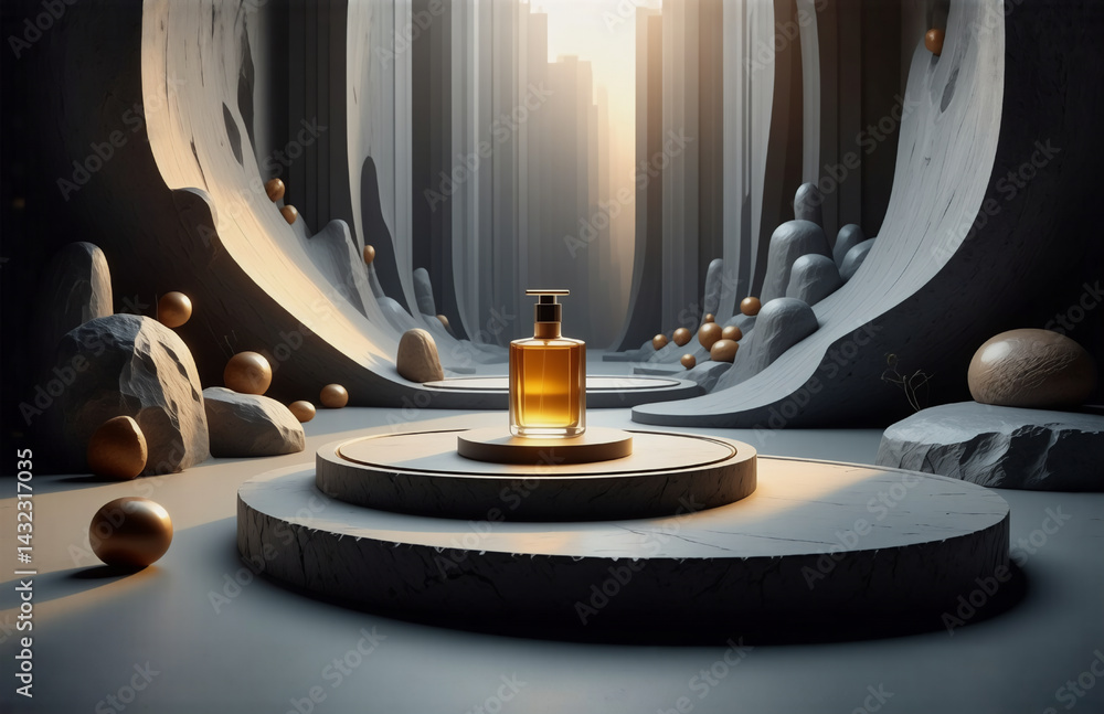Poster elegant perfume bottle displayed on a round pedestal. abstract shapes and golden spheres create a fu