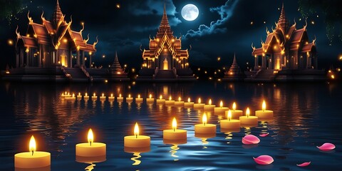 Obraz premium Traditional Thai celebration with candle-lit krathongs drifting on water, golden temple illumination, and floating petals creating a serene spiritual atmosphere