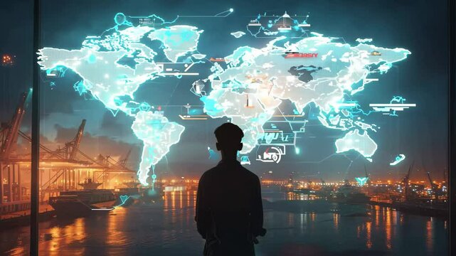 A global map of the world with cargo ships and trucks moving goods across continents. leader in a business suit standing at a control panel with digital screens