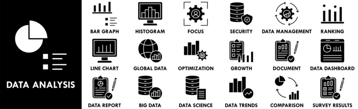 Data Analysis icon collection set. Containing design analysis, business, graph, strategy, computer