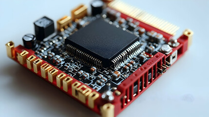 Intricate Circuit Board with Central Black Chip and Golden Conne