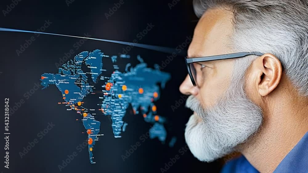 Poster thoughtful senior man analyzing global data on a digital map in modern office environment