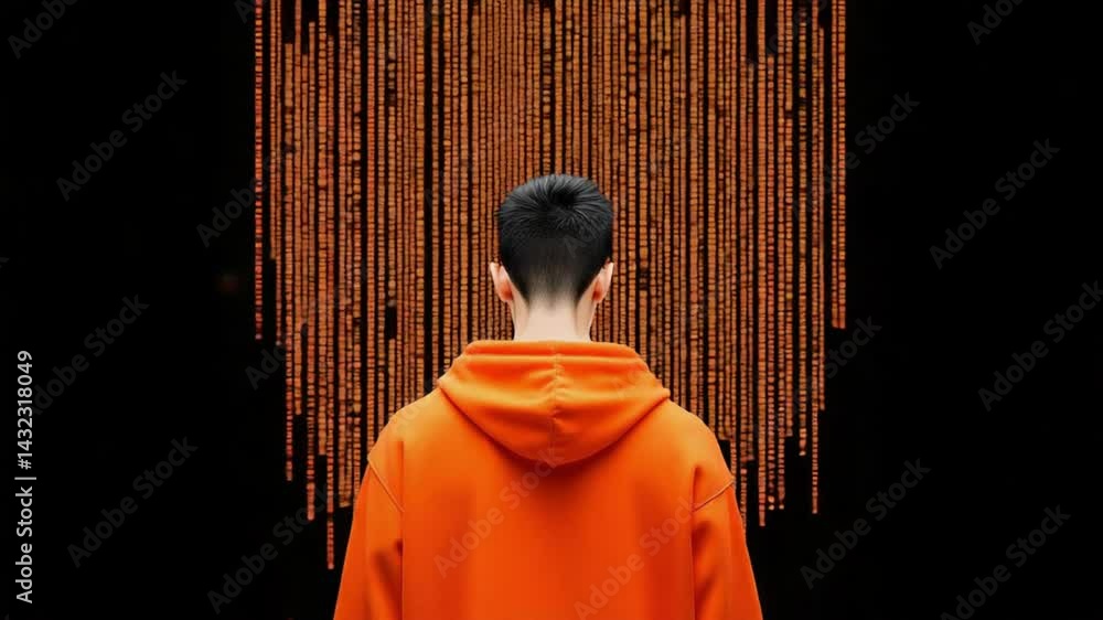 Poster person in orange hoodie staring at vertical lines of digital matrix, abstract technology background 