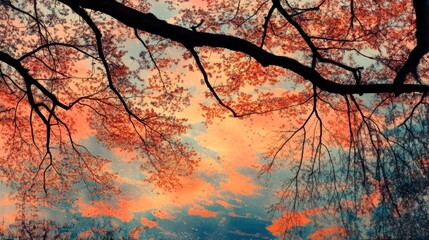 Silhouetted branches against a vibrant sunset sky.