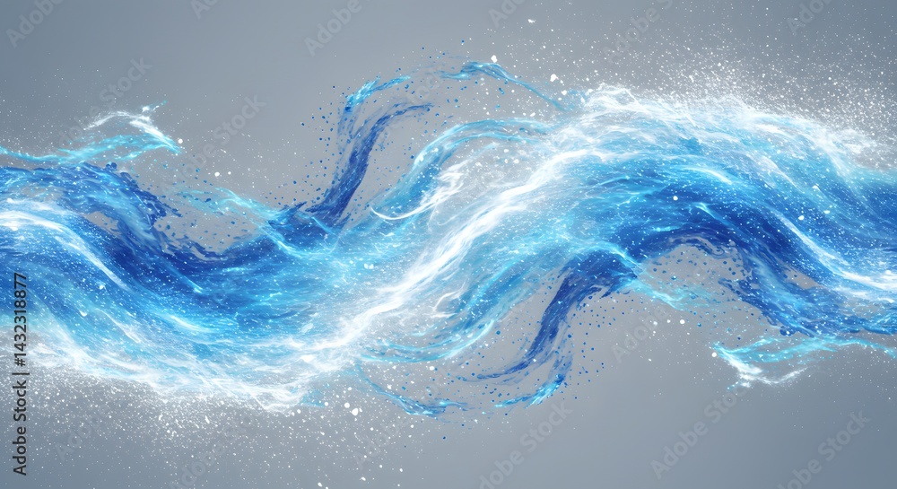 Poster abstract blue water wave with splash effect on a light gray background creating a dynamic flow art