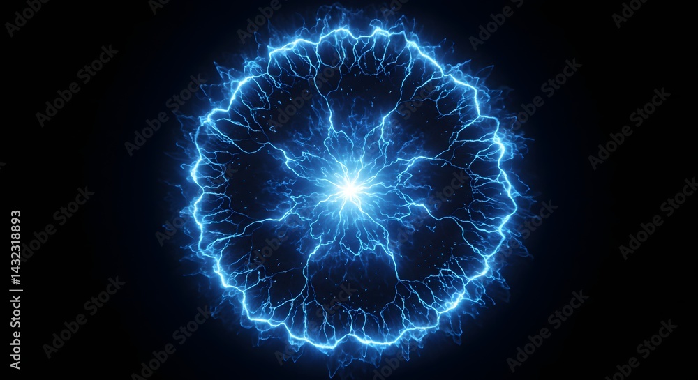 Poster a glowing blue electrical sphere with branching arcs on a dark background creates a dynamic effect