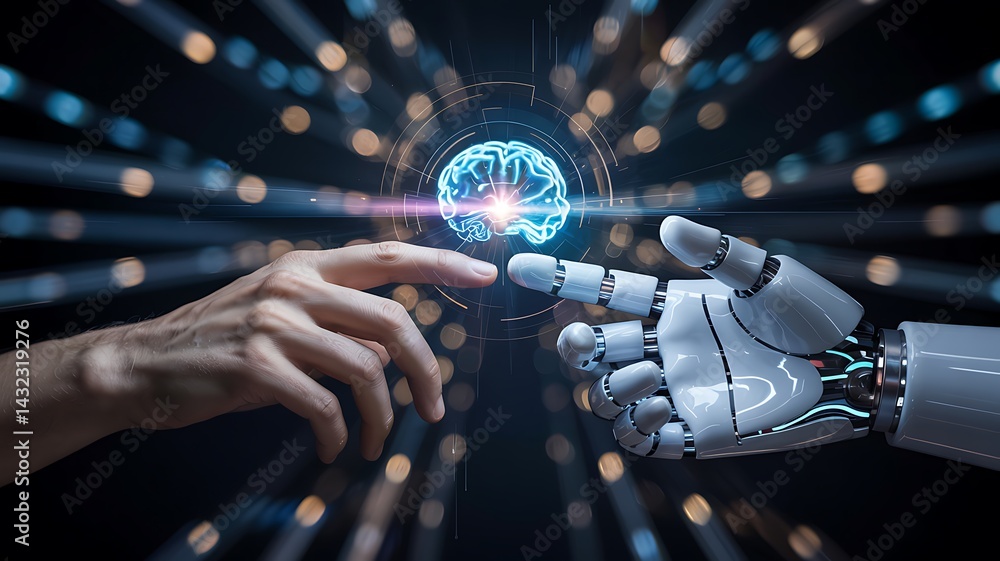 Poster human and robot hands connecting with artificial intelligence brain