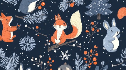 Cute winter woodland creatures, berries, branches, and snowflakes.  A festive and charming repeating pattern