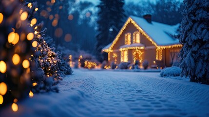 Close-up of a house decorated with glowing lights for winter holidays, featuring a cozy snowy night. --